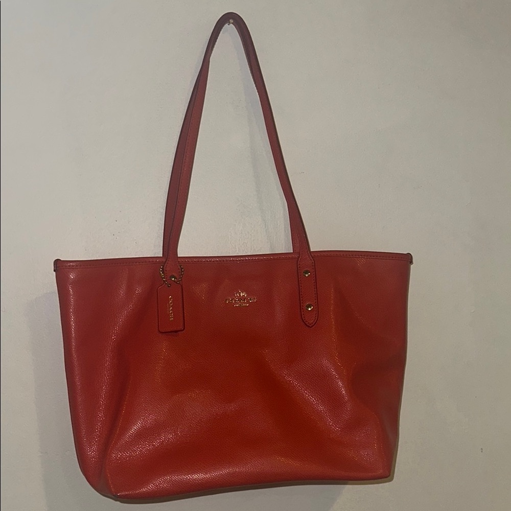 Coach Red Leather Tote with Gold Emblem